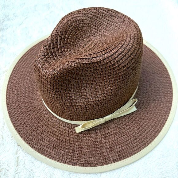 Fedora Style Brown Cream Woven Adjustable Band Sun Hat - Picture 1 of 12